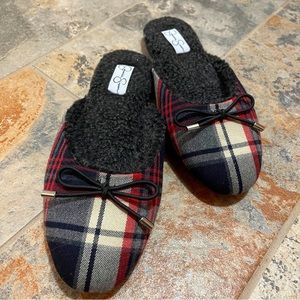 ❤️Jessica Simpson Bow Tie Plaid Fur Lined Slides!